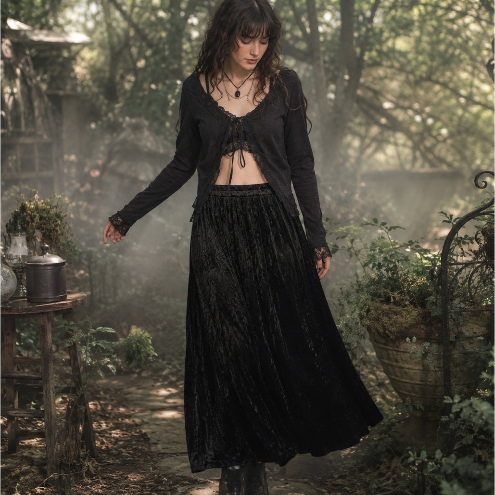 Vintage Black Crushed Velvet Maxi Skirt Whimsigoth Goth S Y2K 90s Witchy Grunge
